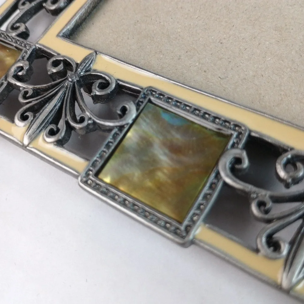 Vintage Picture 4 x 6 Mother of Pearl Enamel and Metal Picture Frame
